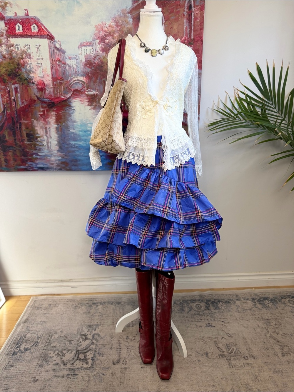 Maeve Anthropologie Blue Plaid Tiered Ruffle High Low Statement Skirt US 6